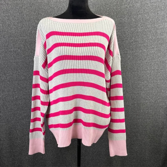NWT Vineyard Vines Women’s XL Boatneck Heather Grey Pink Striped Knit Sweater - Picture 1 of 10